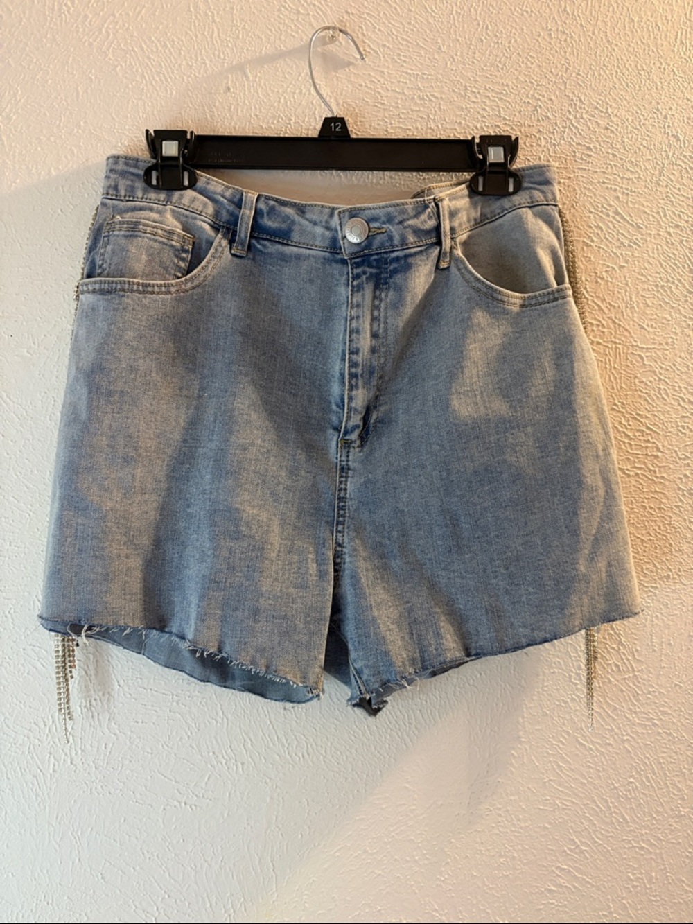 Light Blue Denim High-Rise Women's Fringe Rhinestone Shorts